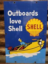 VINTAGE SHELL PORCELAIN SIGN BOAT OUTBOARD MOTOR GAS OIL SERVICE MARINA MARINE picture