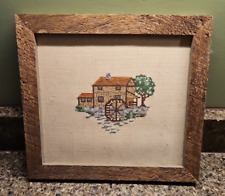 Cross Stitch Embroidery Mid Century Vintage Barn Water Wheel Barn Wood Framed picture