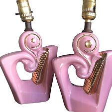 VINTAGE PAIR OF MID CENTURY MODERN PINK & GOLD CERAMIC TABLE LAMPS Circa 1940’s picture