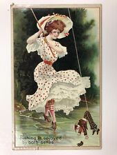 vintage 1910 cute young lady fishing man divided back post card picture