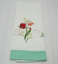 Vintage Embroidered White Linen Hand Towel Green Border Pretty Floral 21