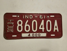 1961 INDIANA Vehicle License Plate 1961 Truck 4000 lbs Tag 86040A IND RED picture