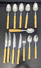 12 Pcs Gibson Faux Bamboo Handled Stainless Flatware Set Utensils MCM Tiki picture