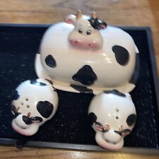Vintage Black & White Butter Dash And Salt & Pepper Shakers Cows with Pink Noses picture