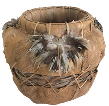 NATIVE AMERICAN NAVAJO PALM HUSK SUN SPIRIT BASKET WITH FEATHERS, CONCHOS, BEADS picture