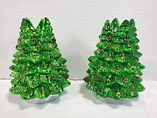 Vintage 2 Christmas Tree CandleStick Holders Holiday Painted Metal Pine Tapers picture