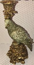 Elegant Dick Hsiao Jade Green Parrot On Gold Flowers 12” Votive Candle Holder picture