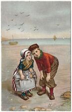 1906 Antique Postcard Children Ocean Sea Birds Beach Sailboats Girl Boy Artist picture