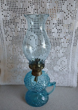 VINTAGE BLUE GLASS DIAMOND QUILTED OIL KEROSENE FINGER LAMP W/CHIMNEY 12-1/2