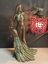 Metal Art Nouveau Lady Figural and Peacock Beaded Table Lamp picture