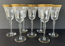 Vintage Etched Water Wine Goblets Glasses 8 3/4” Set of 7 Gold Encrusted c1930 picture
