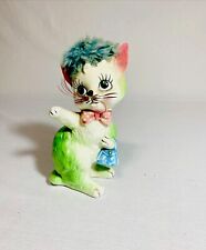 Vintage Kreiss & Company Porcelain Green Kitty Cat with Blue Ha￼ir picture