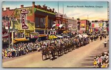 Round-up Parade Pendleton Hotel Oregon Mule Team Globe Cafe Sheehans Postcard picture