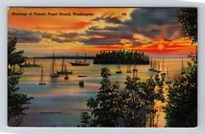 Puget Sound WA- Washington, Moorage At Sunset, Antique, Vintage Postcard picture