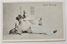 1909 EASTER Greetings Postcard Lady With Bunny Rabbits #1 picture