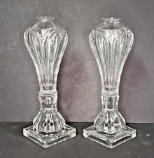 Pair Antique EAPG Sandwich Pressed Glass Loop Leaf Whale Oil Lamp Fluid Stands picture