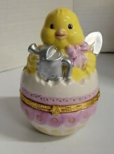 Chick Sitting in Egg Holding Watering Can and Shovel Hinged Ceramic Trinket Box picture
