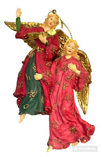 VTG Christmas Tree Ornament 2 Angels Regal Red Green Dresses Golden Wings Resin picture