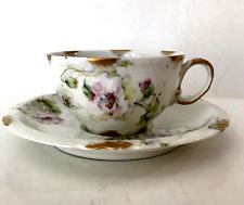 Vtg Theodore Haviland LIMOGES China Teacup & Saucer Rose? Camellia? Gold Accents picture
