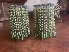 Pair Of Horchow Green Glass Bead Candle Holders Hurricanes, Each 4.5
