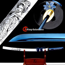 Delicate Geisha Katana Blue 1095 Steel Battle Ready Japanese Samurai Sharp Sword picture