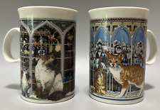 Dunoon Lot Of 2 Christmas Cat 4” Mugs English Bone China White Made in Scotland picture