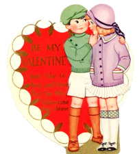Vtg Card Be My Valentine Dear Please Cute School Kids Girls Die Cut Heart c1920s picture