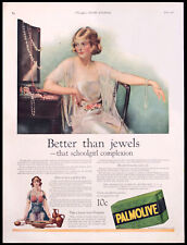 1922 PALMOLIVE Beauty Soap Lovely Woman w/Jewels Lrg Home Decor Vtg PRINT AD picture