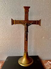 Antique Cast Brass Pedestal Altar standing Crucifix Cross 19 century picture