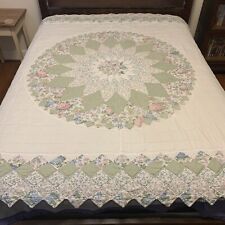 Vintage Hand Quilted Machine Pieced Sawtooth Edge Green Full Quilt 82