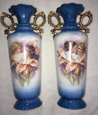 (2) Antique Victoria Carlsbad Austria Vases, c.1900, guilded handles, porcelain picture