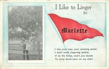Marlette Michigan~Red Pennant~Like to Linger~Lady On Fence About Suitor~1910 picture