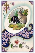 Long Island City NY Postcard Bunnies Rabbit Flowers Hatched Egg Cross Embossed picture