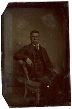 CIRCA 1860'S 1/6 Plate TINTYPE Incredibly Handsome Dapper Man Sitting In Suit picture