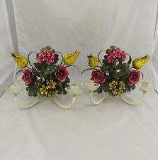 Noteworthy Pair of Italian Hand Painted Floral Metal Tole Wall Sconces 12