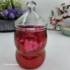 Vintage 1990s Apothecary Cranberry Etched Cornflower Glass Candy Jar Clear Lid picture