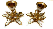 Brass Mother of Pearl Abalone Inlay Double Star Pair Candle Holders 3x3.75 Vtg picture