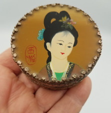 Vintage Asian Hand Painted Geisha Girl Trinket Box Silver Tone, Mirror, Marked picture