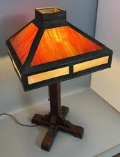 ANTIQUE MISSION OAK ARTS & CRAFTS SLAG GLASS TABLE LAMP picture