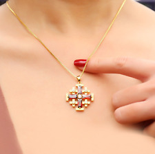 Red Topaz Jerusalem Cross Crusaders Pendant Necklace Gold Plated 18k picture