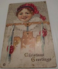 Stecher Postcard Christmas Greeting Girl Sled Vintage 1917 Series 418 Made in US picture