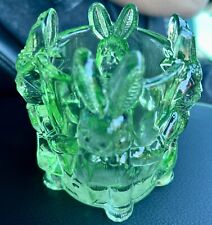 Heavy Green Glass Dancing Bunnies vase Bunny Rabbit picture