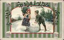 Christmas Winsome Little Girl Admiring Little Boy Mistletoe Border c1910 PC picture