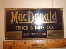 1950's MacDonald Truck & Mfg. Co. VIN Plates Brass Nameplate San Francisco picture