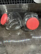 2 VTG General Store Candy Jar Cookie Storage Clear Glass Slanted Red Wood Lid picture