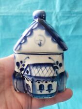 Russian Pottery HOUSE  Gzhel Jar House w Lid USSR 1970's picture