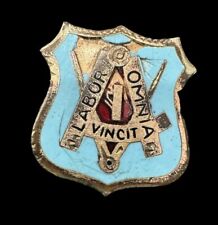 Antique W & H Co Gold Filled Enamel Masonic Labor Omnia Vincit Lapel Brooch Pin picture