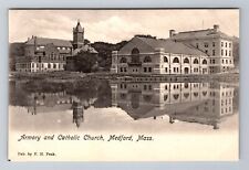 Medford MA-Massachusetts, Armory & Catholic Church, Antique Vintage Postcard picture