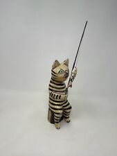 Vintage Carved Wooden Folk Art Striped Cat With Fishing Pole 8x2x3 Whimsical picture