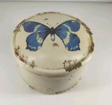  Vtg House in the Country Blue Butterfly Distressed Round Trinket Dish With Lid picture